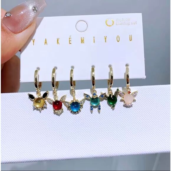 Pokémon Eeveelution Theme 18K Gold Plated Gemstone Mismatch Huggie Hoop … - Picture 2 of 4